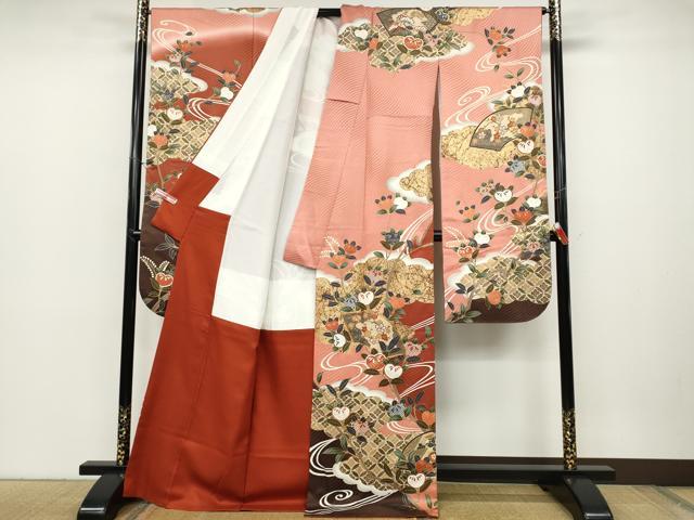 平和屋着物●豪華振袖 駒刺繍 地紙枝橘文 暈し染め 金彩 正絹 逸品 CABC2347ut