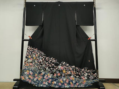 平和屋着物●豪華黒留袖 友禅 作家物 飛鳥枝花文 ロング丈 正絹 逸品 未使用 CABC2358ut