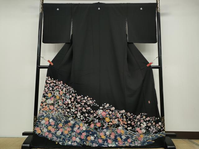 平和屋着物●豪華黒留袖 友禅 作家物 飛鳥枝花文 ロング丈 正絹 逸品 未使用 CABC2358ut