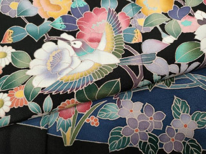 平和屋着物●豪華黒留袖 友禅 作家物 飛鳥枝花文 ロング丈 正絹 逸品 未使用 CABC2358ut