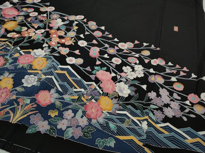 平和屋着物●豪華黒留袖 友禅 作家物 飛鳥枝花文 ロング丈 正絹 逸品 未使用 CABC2358ut