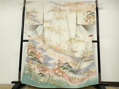 平和屋着物●訪問着 駒刺繍 舟松花文 暈し染め 金彩 正絹 逸品 CABC2364ut