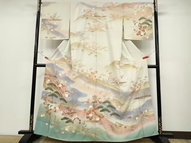平和屋着物●訪問着 駒刺繍 舟松花文 暈し染め 金彩 正絹 逸品 CABC2364ut