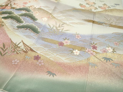 平和屋着物●訪問着 駒刺繍 舟松花文 暈し染め 金彩 正絹 逸品 CABC2364ut