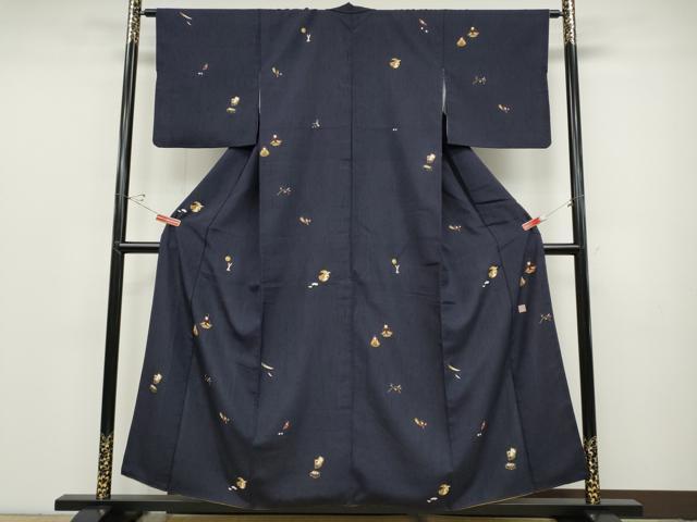 平和屋着物●十日町 名門青柳謹製 赤城紬 十五夜兎 百人一首 成り物 正絹 逸品 CABC2381ut