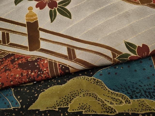 平和屋着物●ファッションデザイナー HIROKO KOSHINO コシノヒロコ 訪問着 渡橋枝桜 金彩 正絹 逸品 CABC2394ut