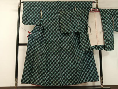 平和屋着物●久留米絣 アンサンブル 吉祥格子文 綿 逸品 CABC2623vp