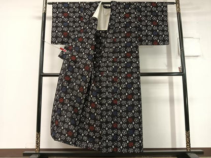 平和屋着物●久留米絣 単衣 吉祥文 黒地 綿 逸品 CABC2624vp