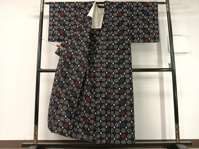 平和屋着物●久留米絣 単衣 吉祥文 黒地 綿 逸品 CABC2624vp