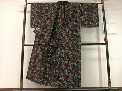 平和屋着物●久留米絣 単衣 葡萄蔦の葉文 黒地 綿 逸品 未使用 CABC2625vp