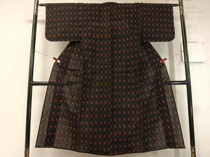 平和屋着物●久留米絣 単衣 絣吉祥文 黒地 綿 逸品 CABC2628vp