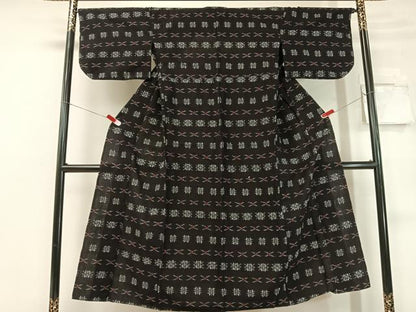 平和屋着物▽本場琉球絣 綿琉球 単衣 黒地 綿 逸品 CABC2631vp