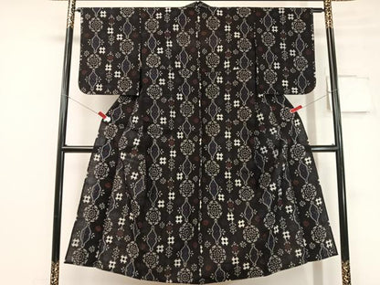 平和屋着物●久留米絣 単衣 吉祥花文 黒地 綿 逸品 CABC2633vp