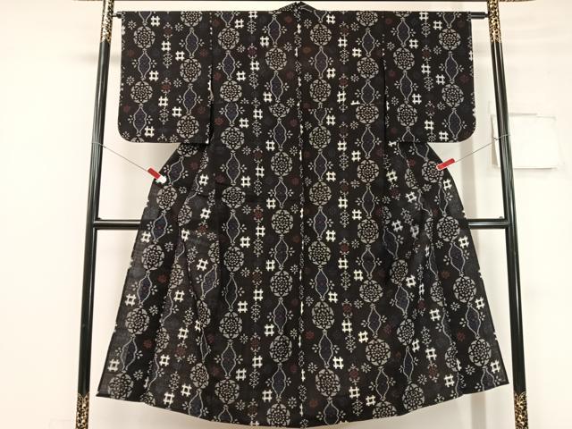 平和屋着物●久留米絣 単衣 吉祥花文 黒地 綿 逸品 CABC2633vp