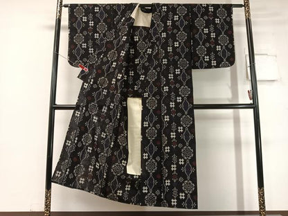 平和屋着物●久留米絣 単衣 吉祥花文 黒地 綿 逸品 CABC2633vp
