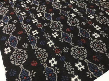 平和屋着物●久留米絣 単衣 吉祥花文 黒地 綿 逸品 CABC2633vp