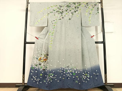 平和屋着物●人間国宝 羽田登喜男 TOKIOetTOKI 訪問着 鴛鴦枝垂れ花文 たたき染め 金銀彩 正絹 逸品 CABC2669vp
