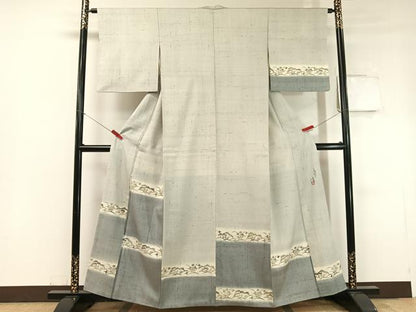平和屋着物●人間国宝 芹沢圭介一番弟子 下平清人 訪問着 生紬 型染め 横段草花文 正絹 逸品 CABC2677vp