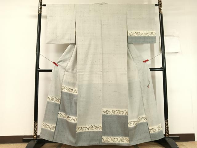 平和屋着物●人間国宝 芹沢圭介一番弟子 下平清人 訪問着 生紬 型染め 横段草花文 正絹 逸品 CABC2677vp