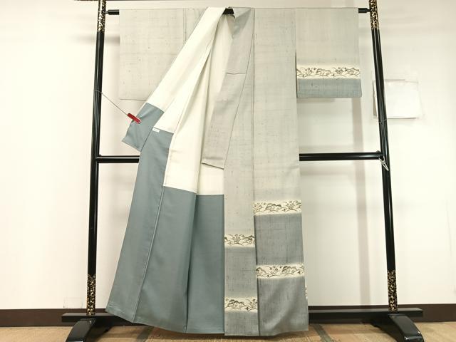 平和屋着物●人間国宝 芹沢圭介一番弟子 下平清人 訪問着 生紬 型染め 横段草花文 正絹 逸品 CABC2677vp