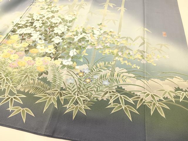 平和屋着物●十日町友禅作家　岡村蒼風　訪問着　草花文　暈し染め　正絹　逸品　CABC2682vp