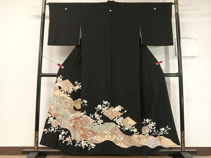 平和屋着物●創業460年・千總 黒留袖 駒刺繍 道長雪輪更紗菱文 金彩 三越扱い 正絹 逸品 CABC2698vp