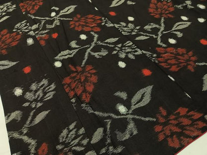 平和屋着物●久留米絣 更紗花文 黒地 綿 逸品 CABC2700vp