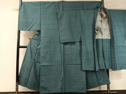 平和屋着物●男性 紬 アンサンブル 花浅葱色 正絹 逸品 CABC2716vp