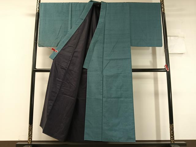 平和屋着物●男性 紬 アンサンブル 花浅葱色 正絹 逸品 CABC2716vp