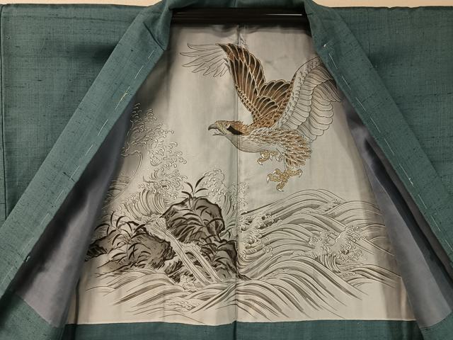 平和屋着物●男性 紬 アンサンブル 花浅葱色 正絹 逸品 CABC2716vp