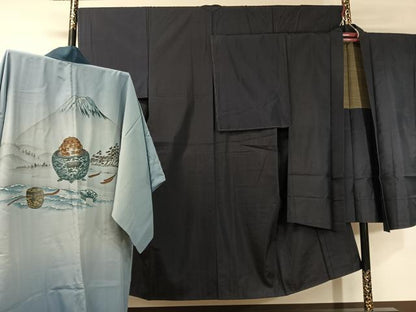 平和屋着物●男性 紬 アンサンブル 長襦袢セット 濃藍色 正絹 逸品 未使用 CABC2720vp