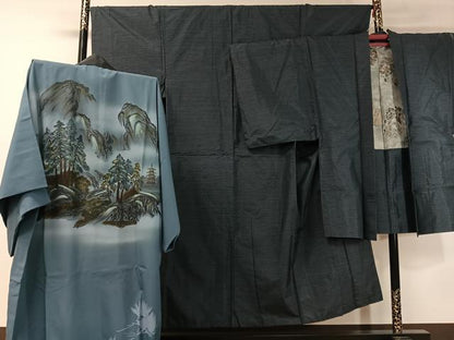 平和屋着物●男性 本場大島紬 アンサンブル 長襦袢セット 100亀甲 総詰め 正絹 逸品 CABC2734vp