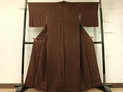 平和屋着物●上質なお召　更紗唐草文　黒鳶色　正絹　逸品　CABC2736vp