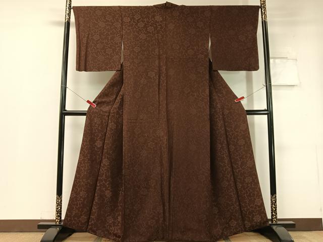 平和屋着物●上質なお召　更紗唐草文　黒鳶色　正絹　逸品　CABC2736vp