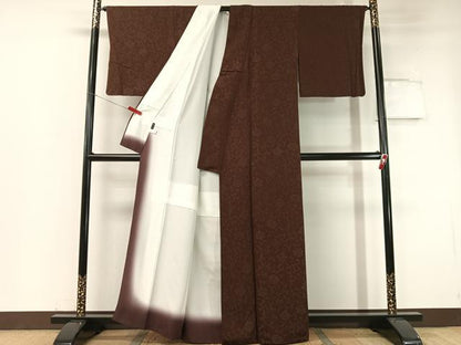 平和屋着物●上質なお召　更紗唐草文　黒鳶色　正絹　逸品　CABC2736vp
