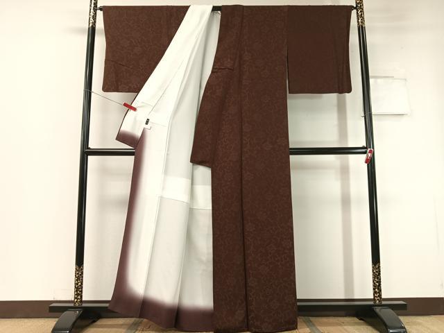 平和屋着物●上質なお召　更紗唐草文　黒鳶色　正絹　逸品　CABC2736vp
