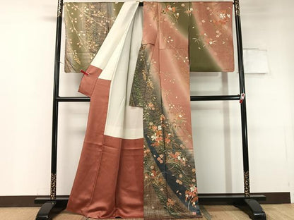 平和屋着物●訪問着 松峰 駒刺繍 舞花文 暈し染め 金彩 反端付き 正絹 逸品 CABC2737vp
