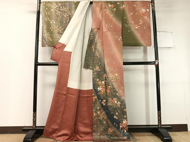 平和屋着物●訪問着 松峰 駒刺繍 舞花文 暈し染め 金彩 反端付き 正絹 逸品 CABC2737vp