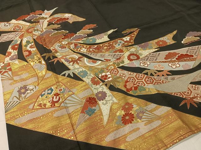 平和屋着物●創業460年・千總 黒留袖 駒刺繍 束ね熨斗吉祥花文 金彩 三越扱い 正絹 逸品 CABC2739vp