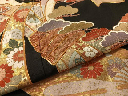 平和屋着物●創業460年・千總 黒留袖 駒刺繍 束ね熨斗吉祥花文 金彩 三越扱い 正絹 逸品 CABC2739vp