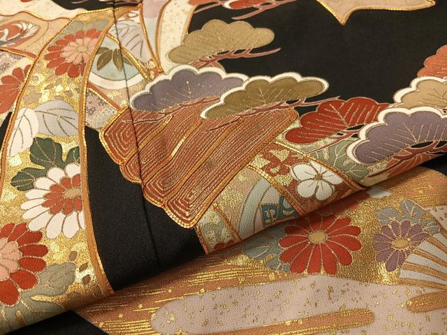 平和屋着物●創業460年・千總 黒留袖 駒刺繍 束ね熨斗吉祥花文 金彩 三越扱い 正絹 逸品 CABC2739vp