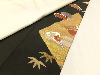 平和屋着物●創業460年・千總 黒留袖 駒刺繍 束ね熨斗吉祥花文 金彩 三越扱い 正絹 逸品 CABC2739vp