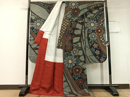 平和屋着物●豪華振袖 総絞り 束ね熨斗吉祥花文 黒地 金彩 正絹 逸品 CABC2753vp