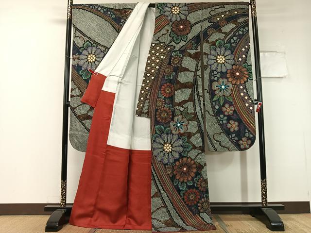 平和屋着物●豪華振袖 総絞り 束ね熨斗吉祥花文 黒地 金彩 正絹 逸品 CABC2753vp