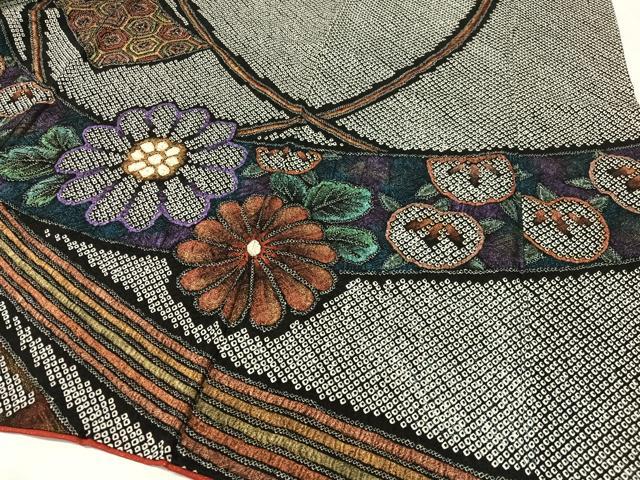 平和屋着物●豪華振袖 総絞り 束ね熨斗吉祥花文 黒地 金彩 正絹 逸品 CABC2753vp
