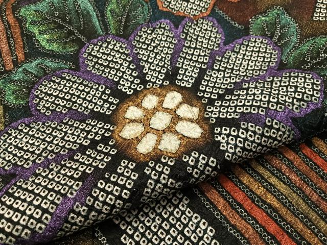 平和屋着物●豪華振袖 総絞り 束ね熨斗吉祥花文 黒地 金彩 正絹 逸品 CABC2753vp