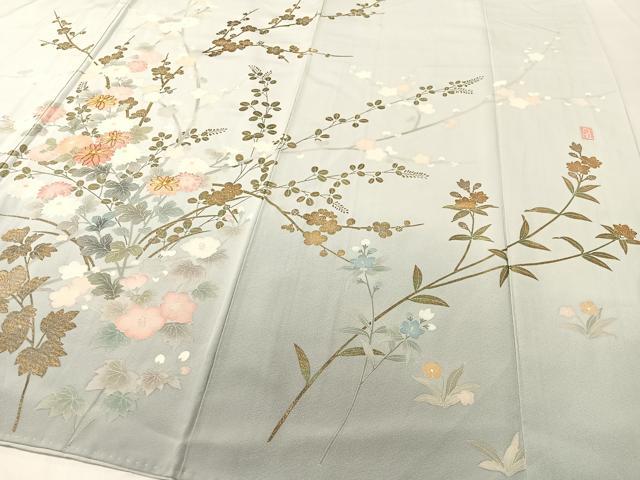 平和屋着物●訪問着 作家物 駒刺繍 草花文 暈し染め 金彩 正絹 逸品 CABC2761vp