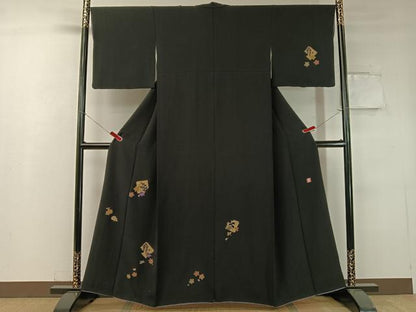 平和屋着物●ファッションデザイナー 花井幸子 訪問着 駒刺繍 破れ色紙花文 黒地 金彩 正絹 逸品 CABC2769vp