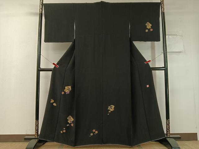 平和屋着物●ファッションデザイナー 花井幸子 訪問着 駒刺繍 破れ色紙花文 黒地 金彩 正絹 逸品 CABC2769vp