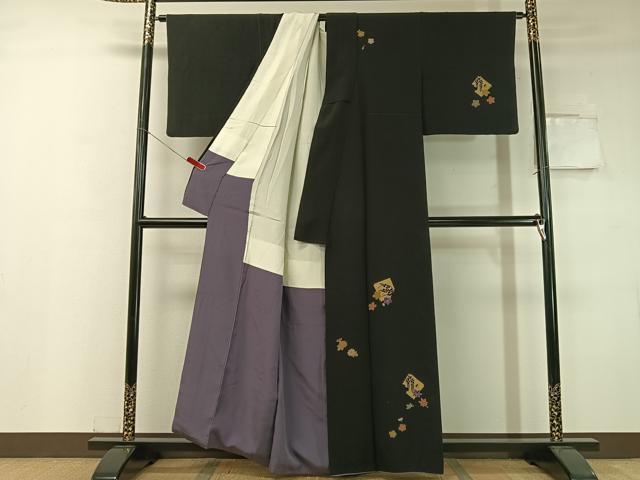 平和屋着物●ファッションデザイナー 花井幸子 訪問着 駒刺繍 破れ色紙花文 黒地 金彩 正絹 逸品 CABC2769vp